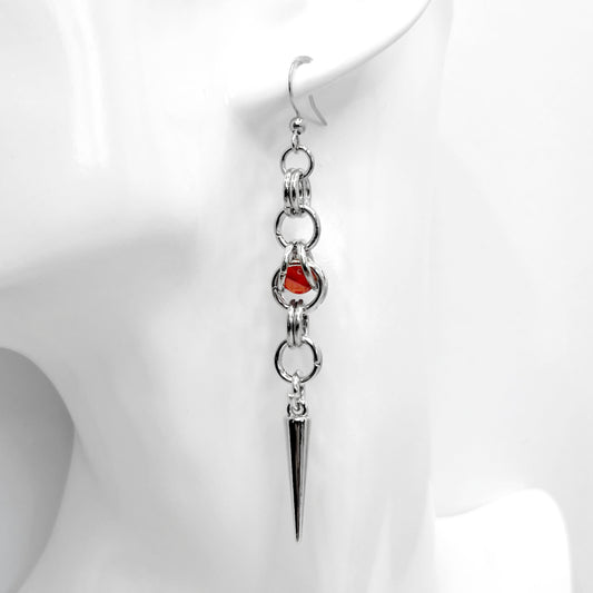 Chainmail and Spike with Red Bead Earrings