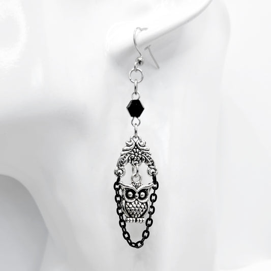 Old School Goth Black and Silver Owl Earrings