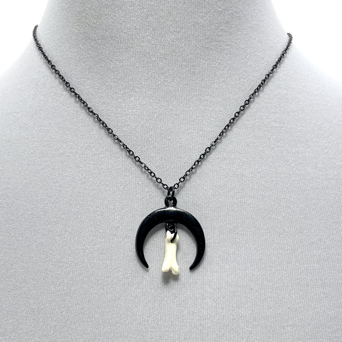 Small Black Crescent Moon and Tiny Bone Necklace