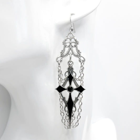 Old School Goth Black and Silver Pointed Cross and Chain Earrings