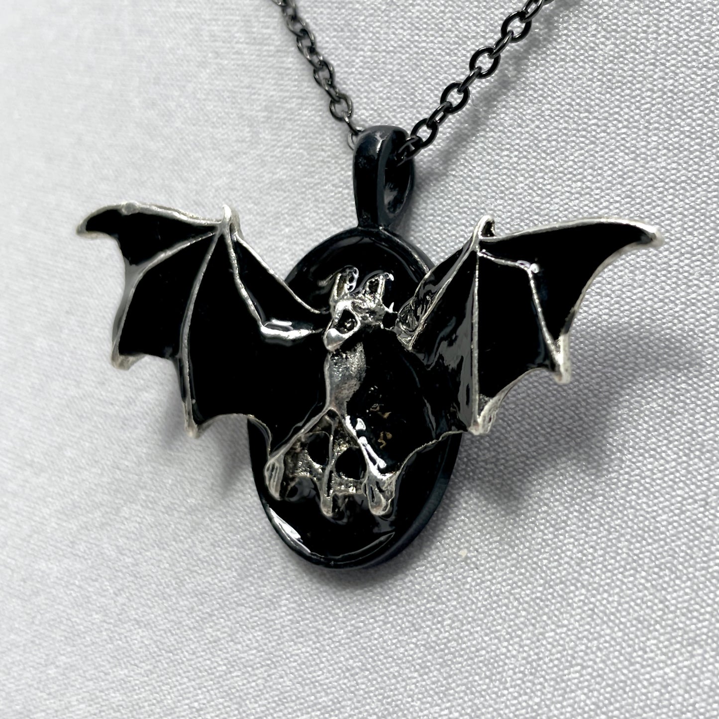 Black and Silver Bat on Black Victorian Necklace