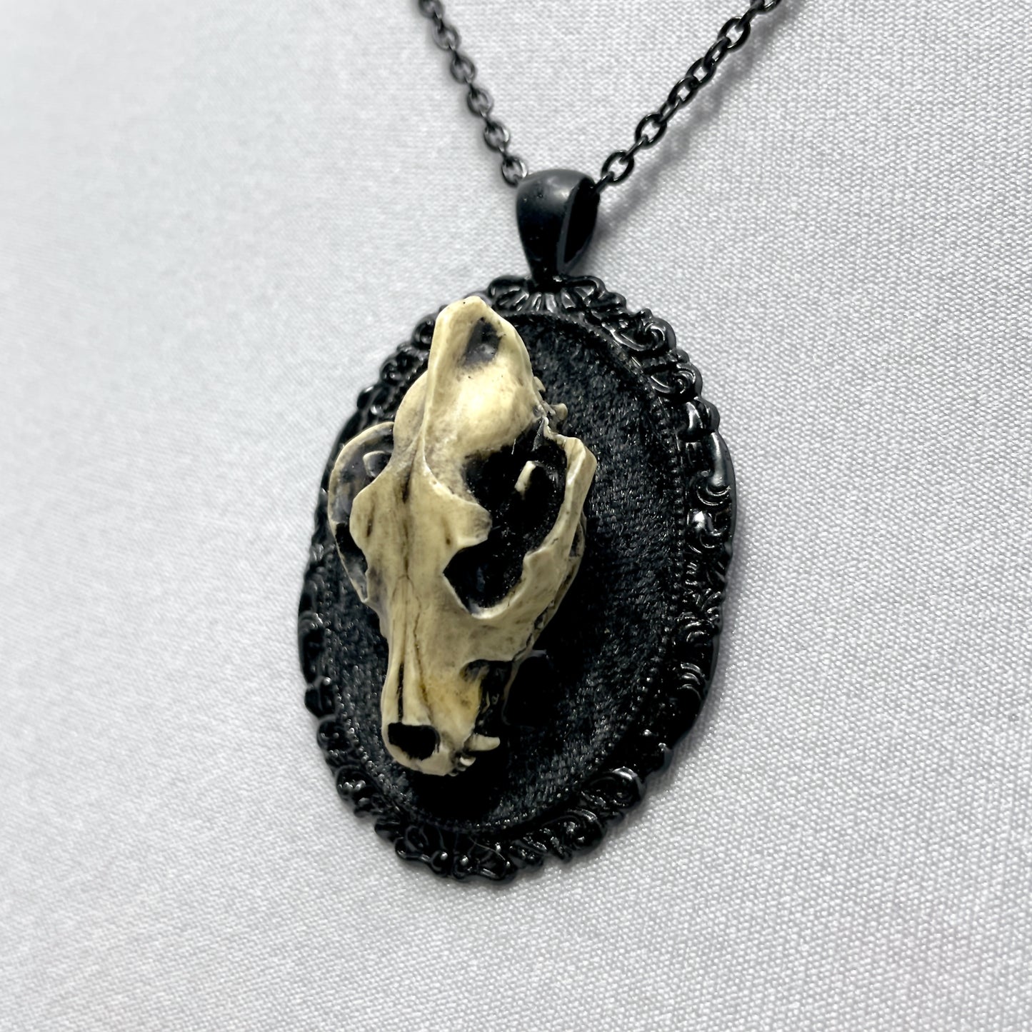 Resin Wolf Skull on Black Velvet Necklace