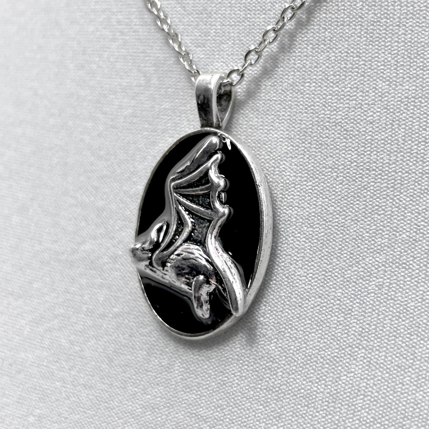 Silver Flying Bat on Black Necklace