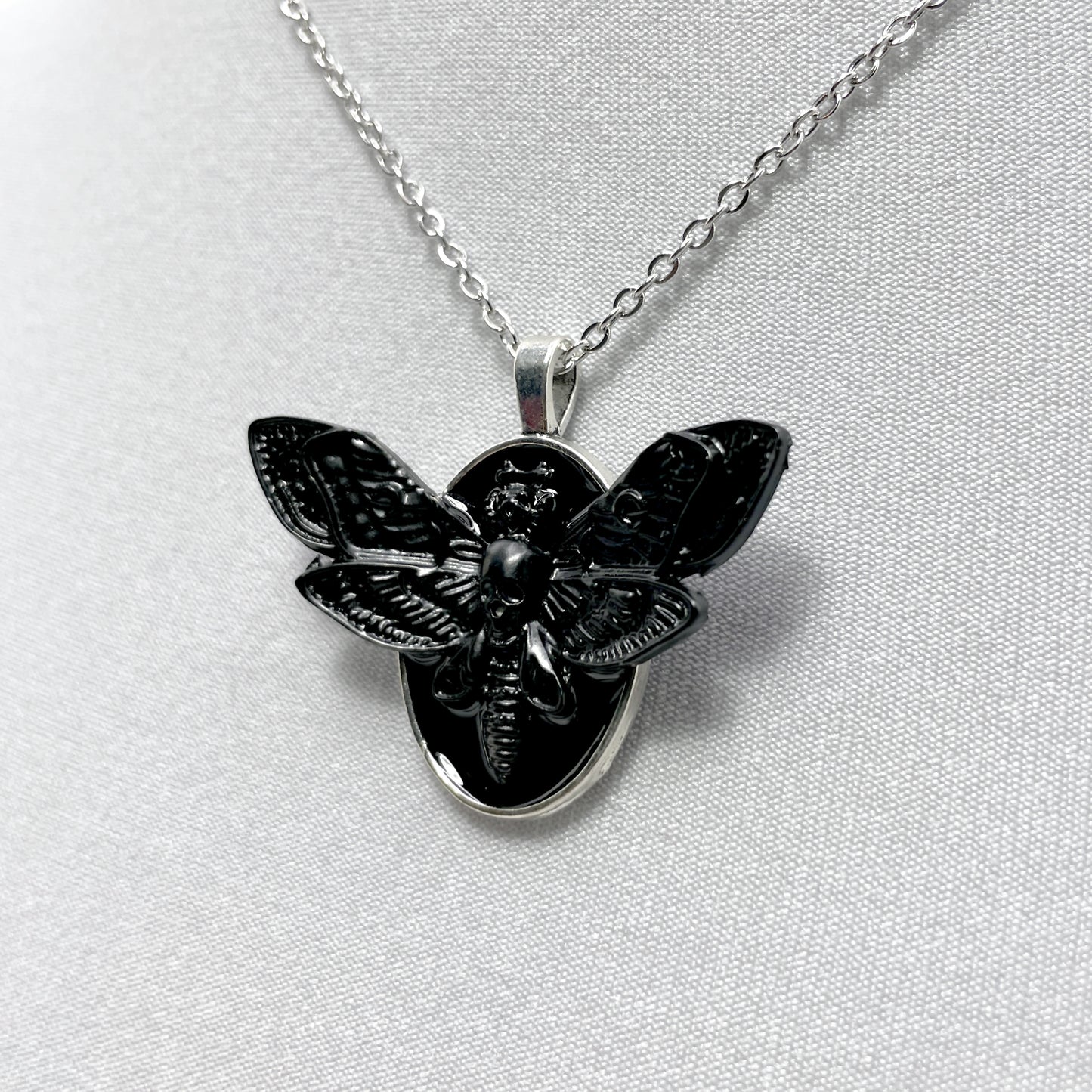 Small Black Death Head Moth on Black Necklace