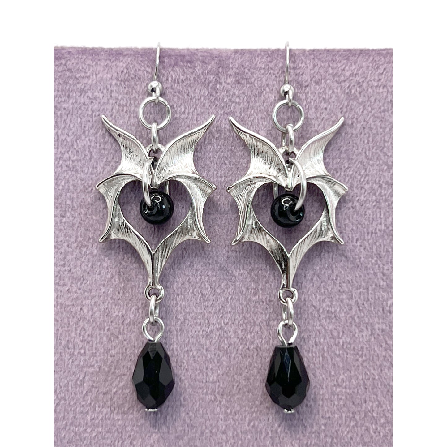 Spikey Silver Heart and Black Bead Earrings