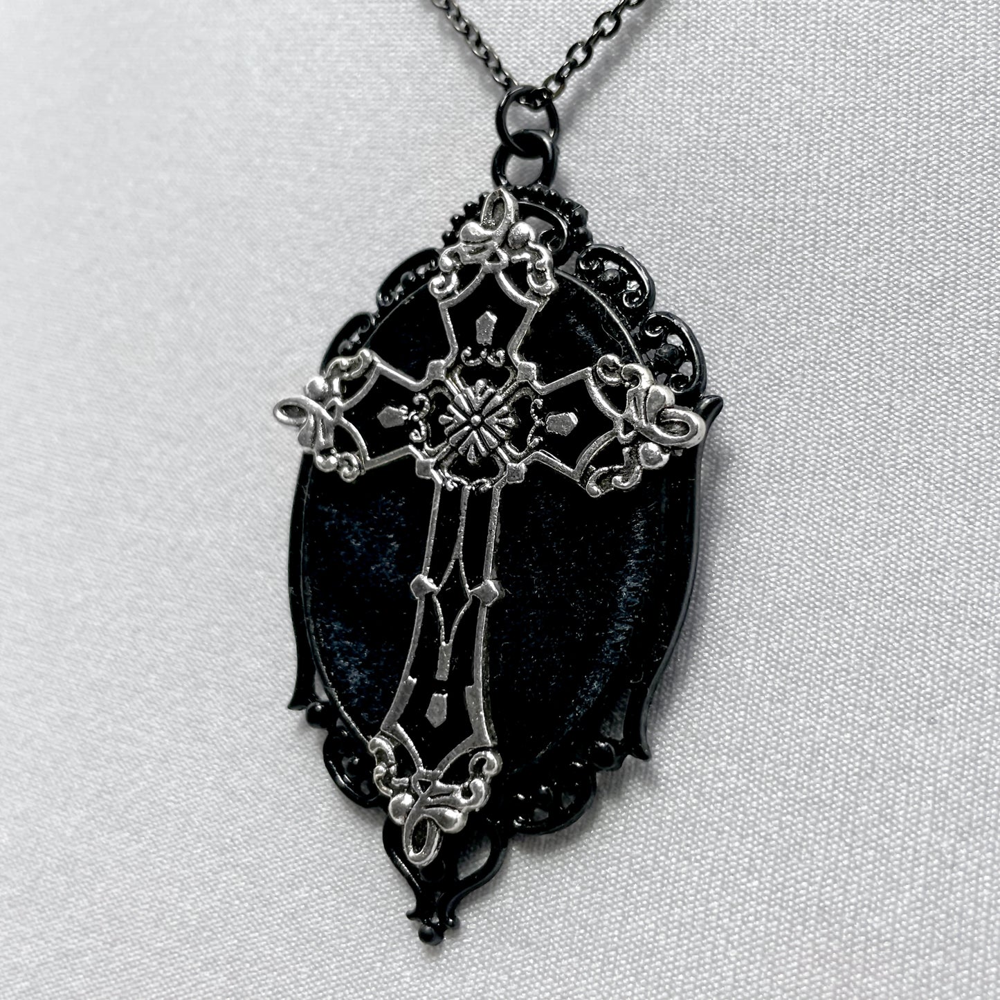 Black and Silver Gothic Cross on Black Velvet Necklace