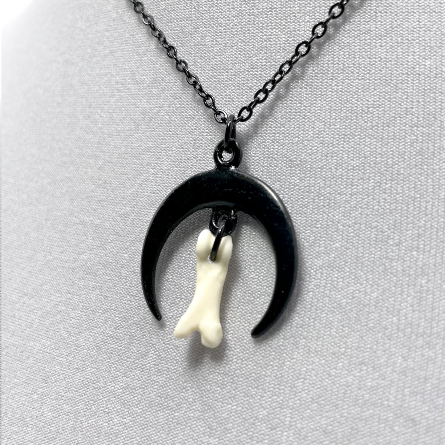 Small Black Crescent Moon and Tiny Bone Necklace