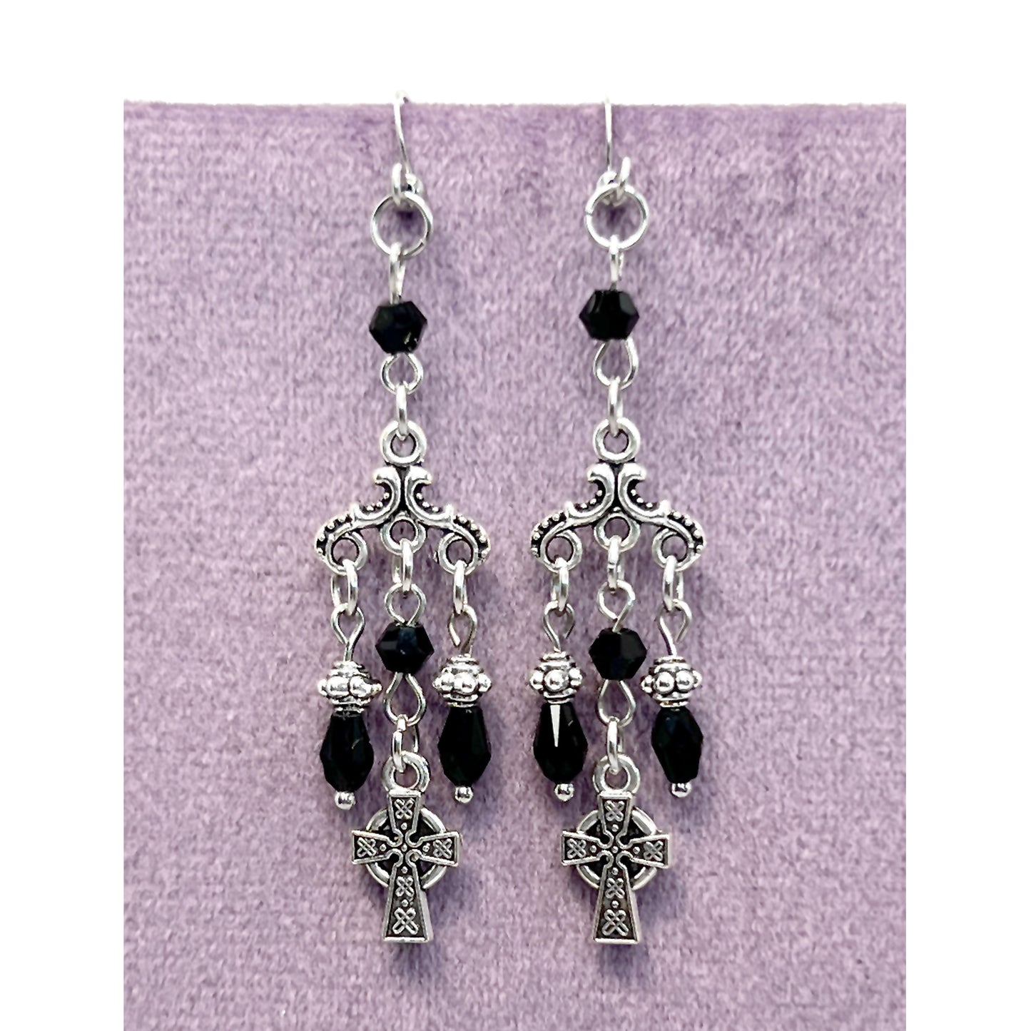 Old School Goth Chandelier Tiny Celtic Cross and Bead Earrings
