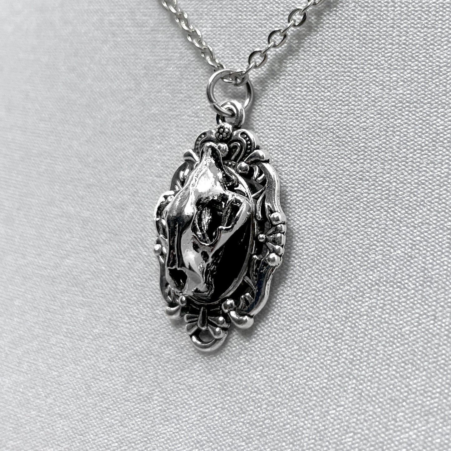 Tiny Metal Wolf Skull on Black Victorian Pendant