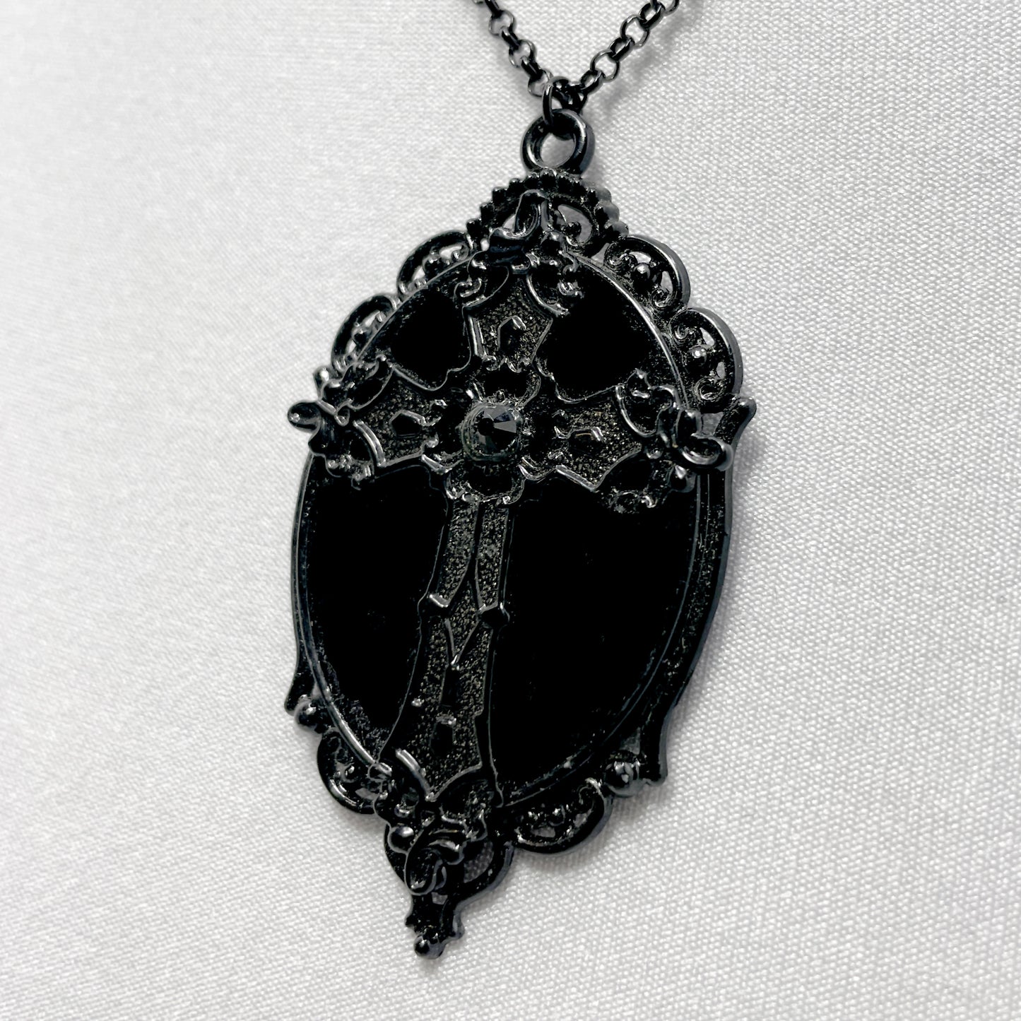 Black Gothic Cross on Black Velvet Necklace