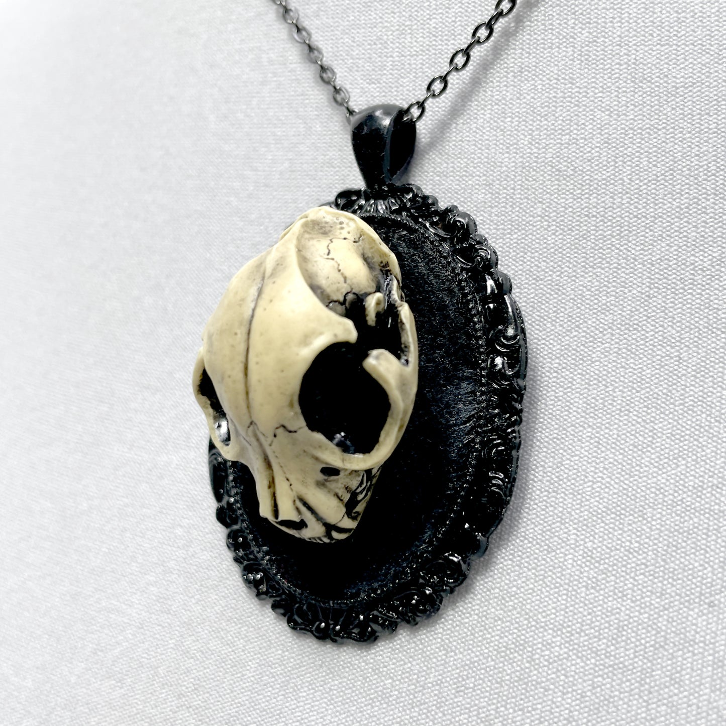 Resin Cat Skull on Black Velvet Necklace