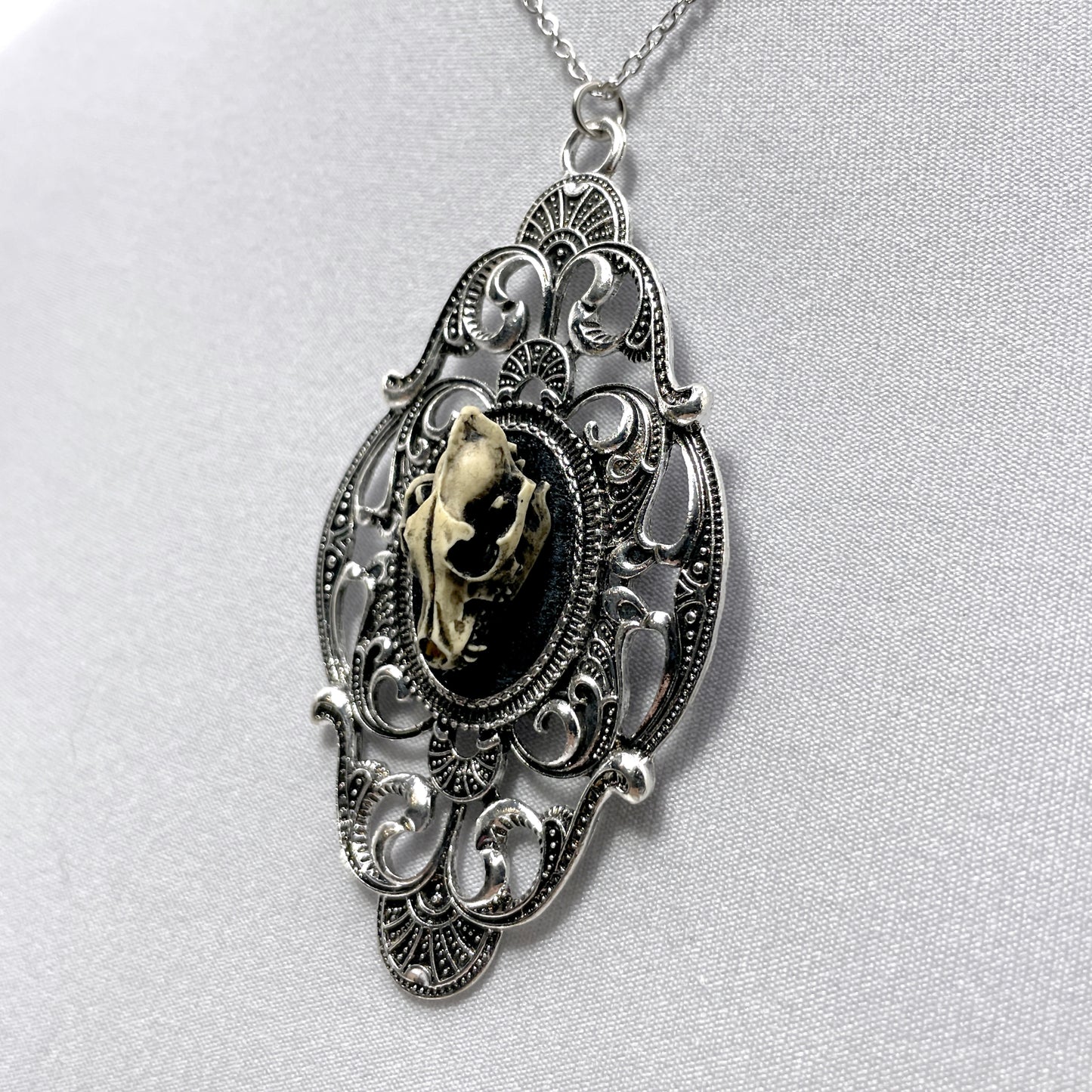 Resin Wolf Skull on Large Silver Victorian Pendant
