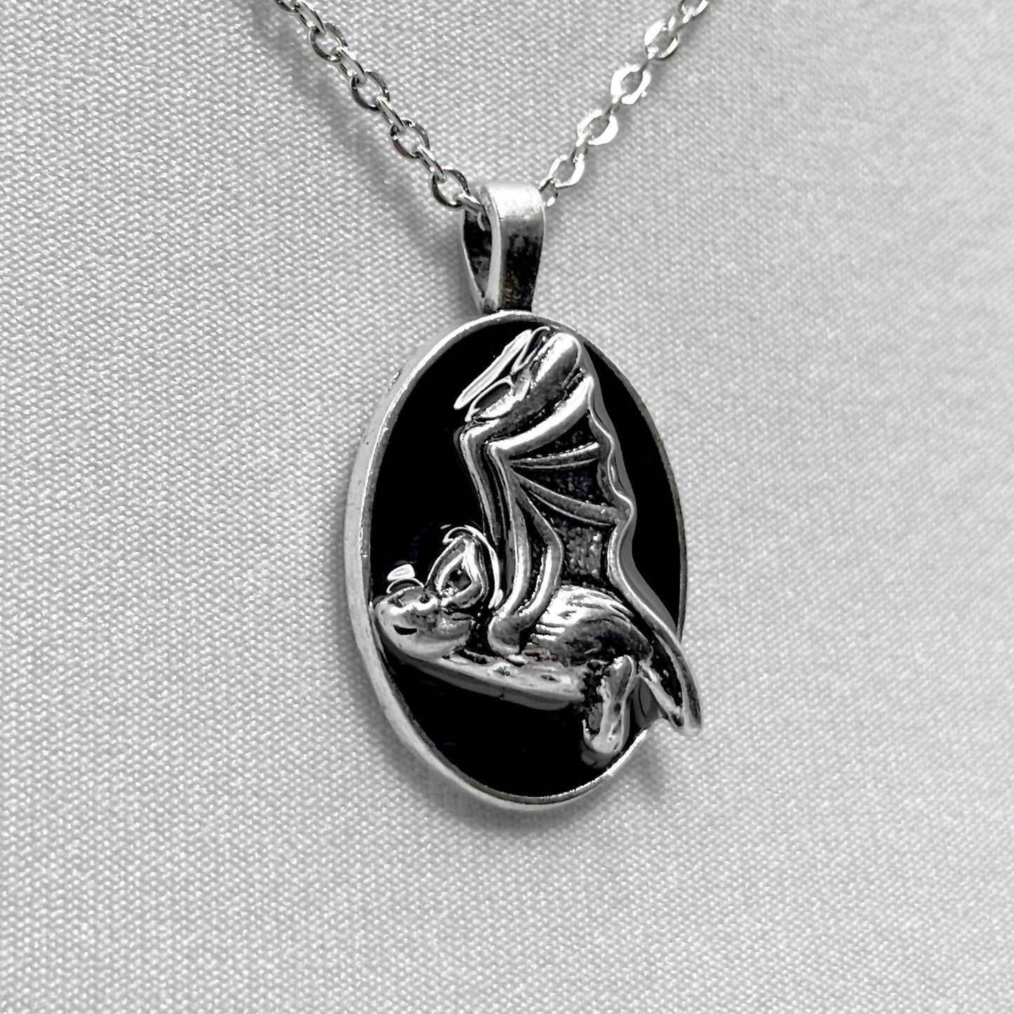 Silver Flying Bat on Black Necklace