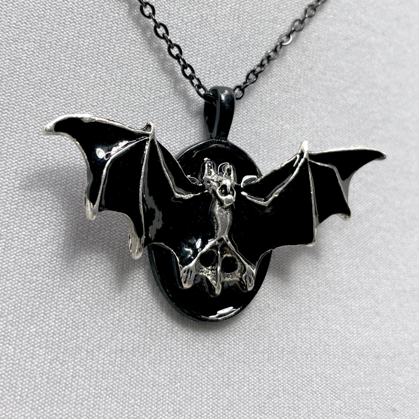 Black and Silver Bat on Black Victorian Necklace