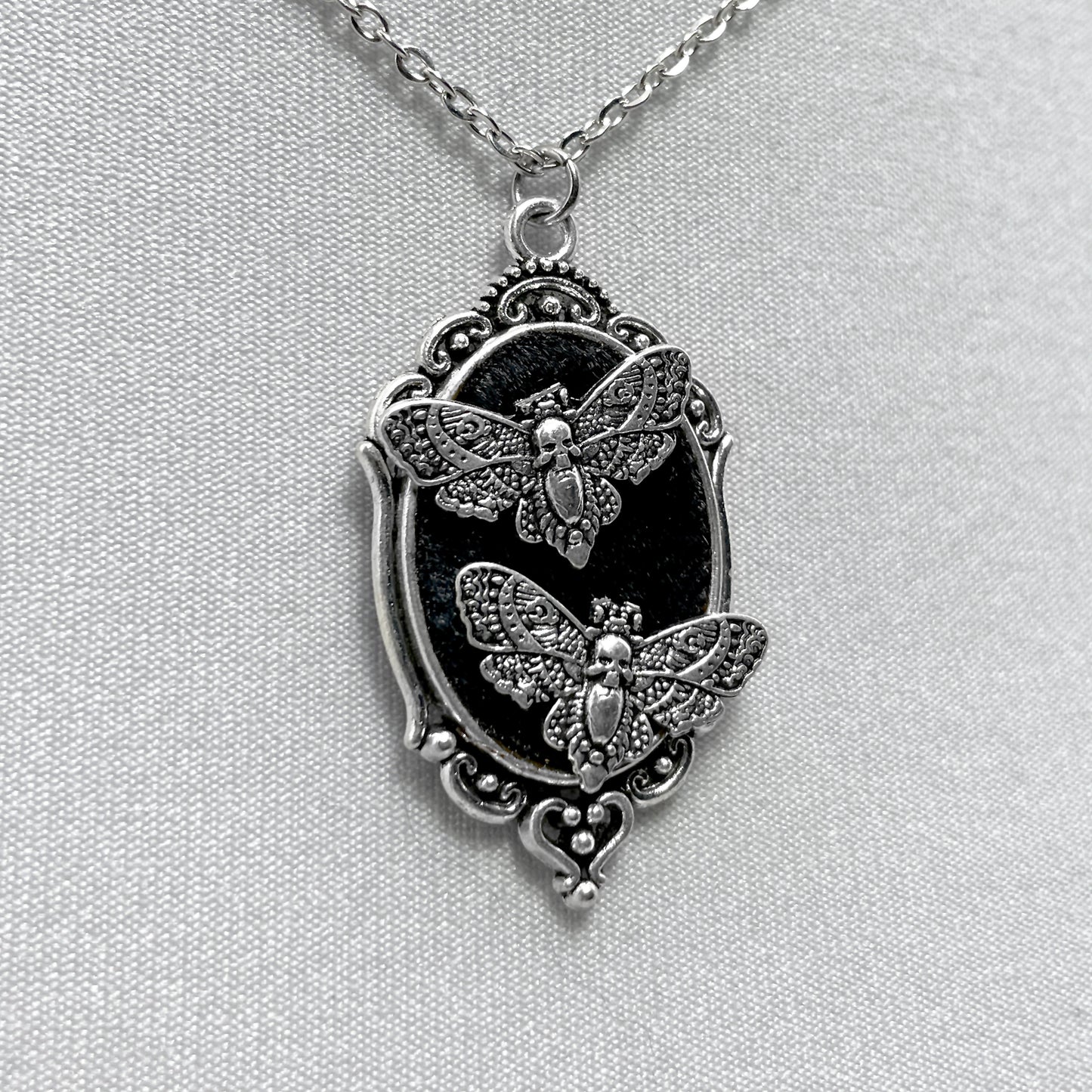 Tiny Death Head Moths on Black Velvet Necklace