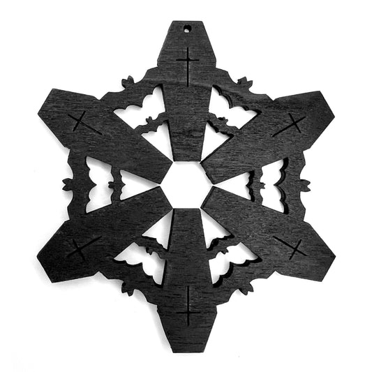 Coffin & Bat Snowflake Christmas / Holiday Tree Ornament - Black Stained Wood