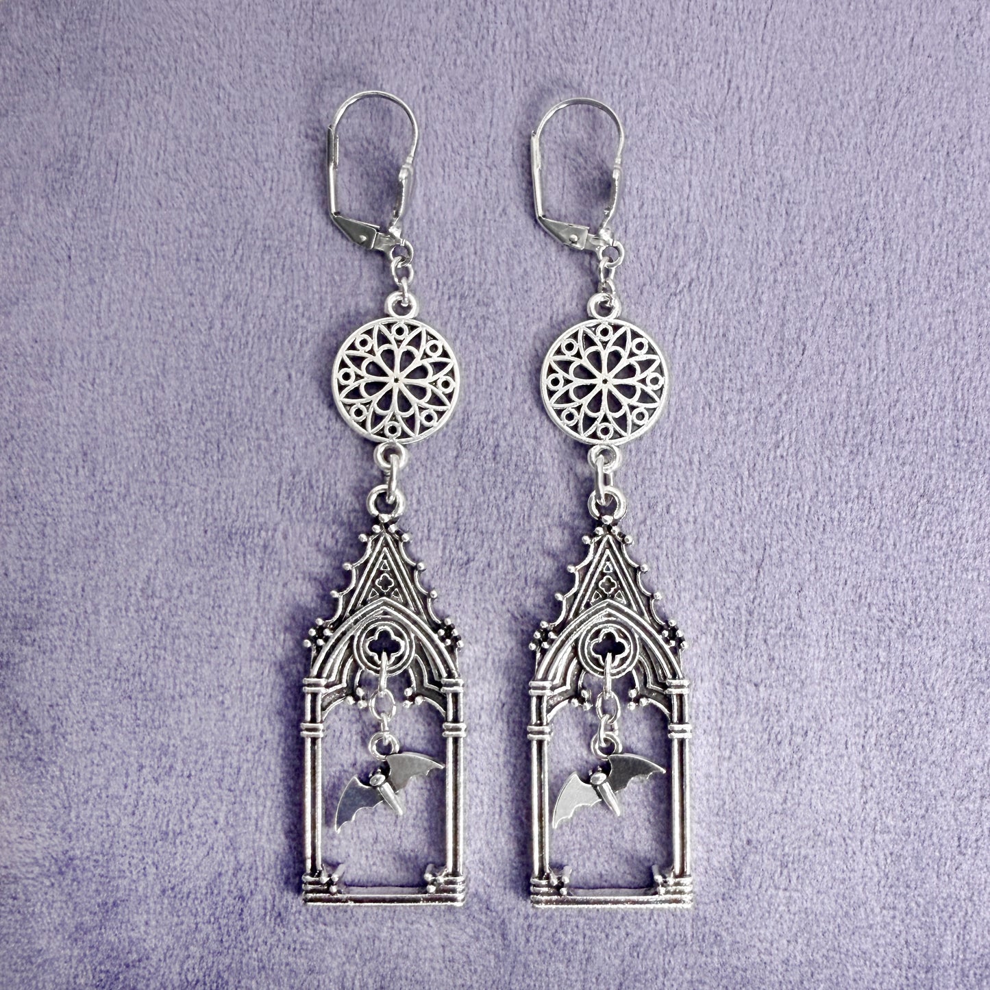 Gothic Cathedral and Flying Bat Earrings