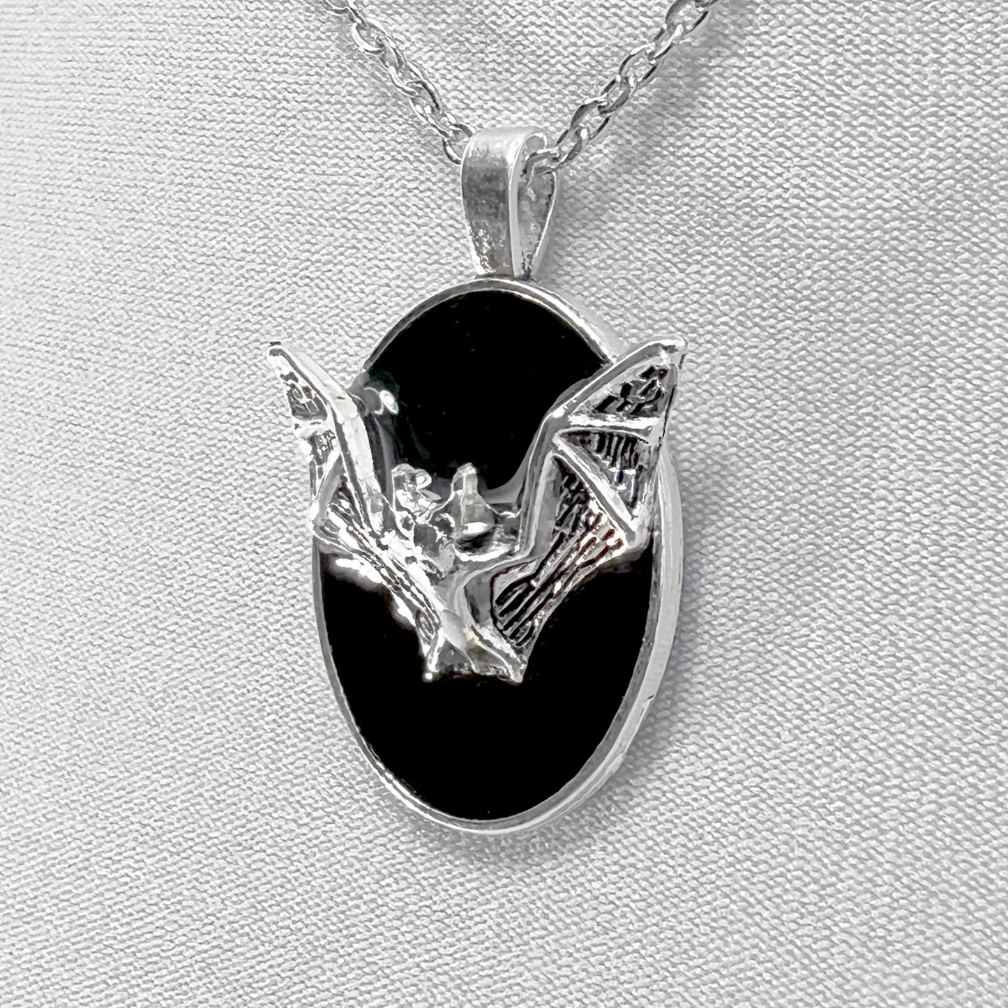 Flying Silver Bat on Black Necklace