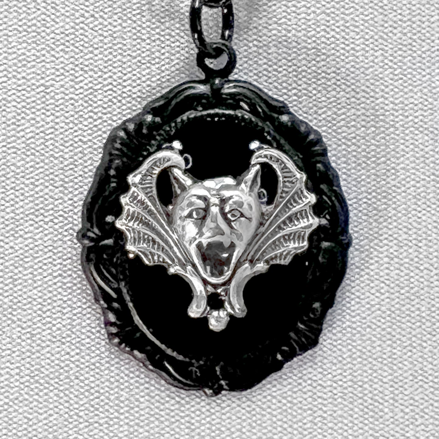 Small Silver Gargoyle on Black Necklace