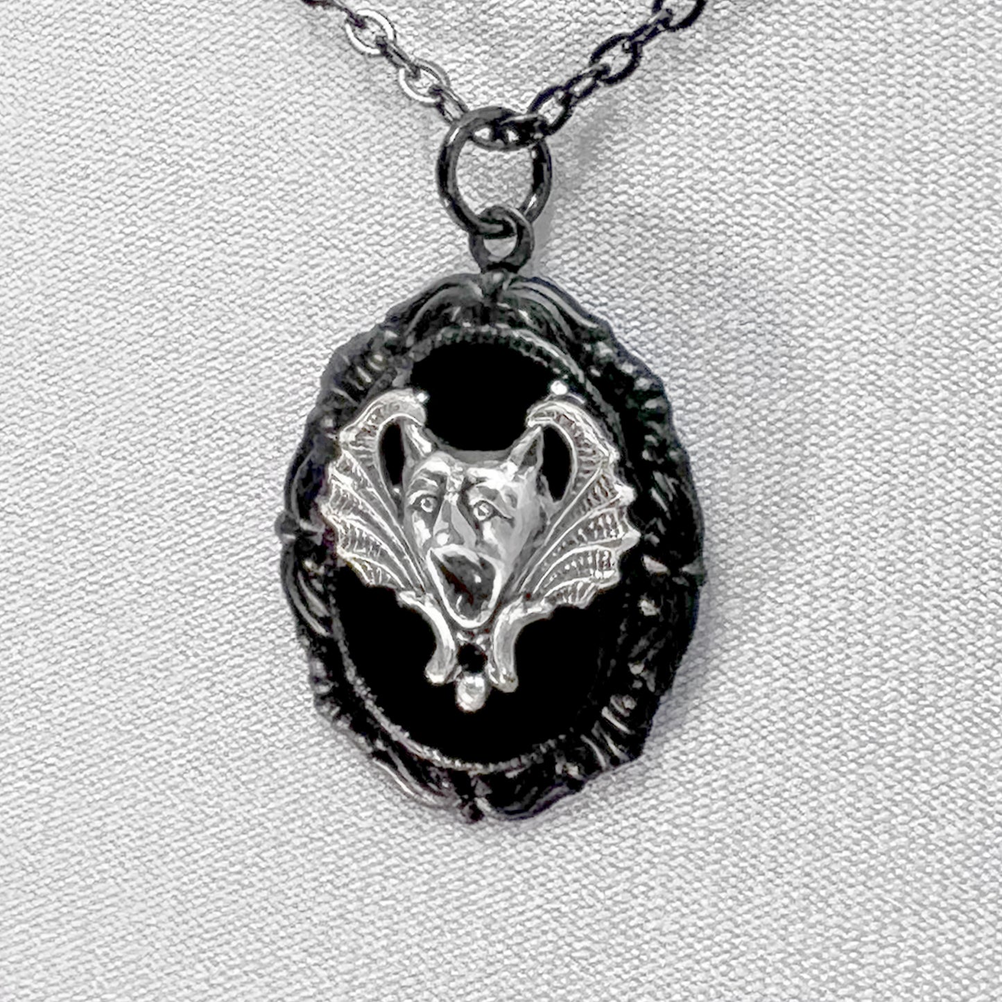 Small Silver Gargoyle on Black Necklace