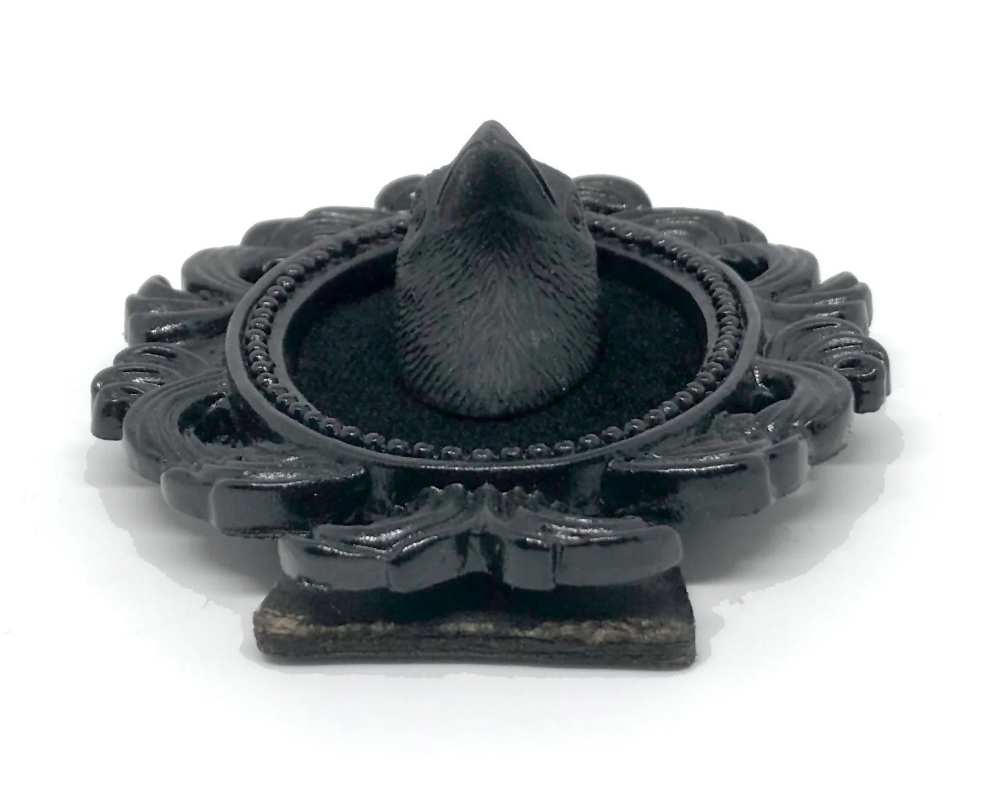 Small Black Resin Oval Frame with Black Raven Head on Black Velvet Gothic Home Deco