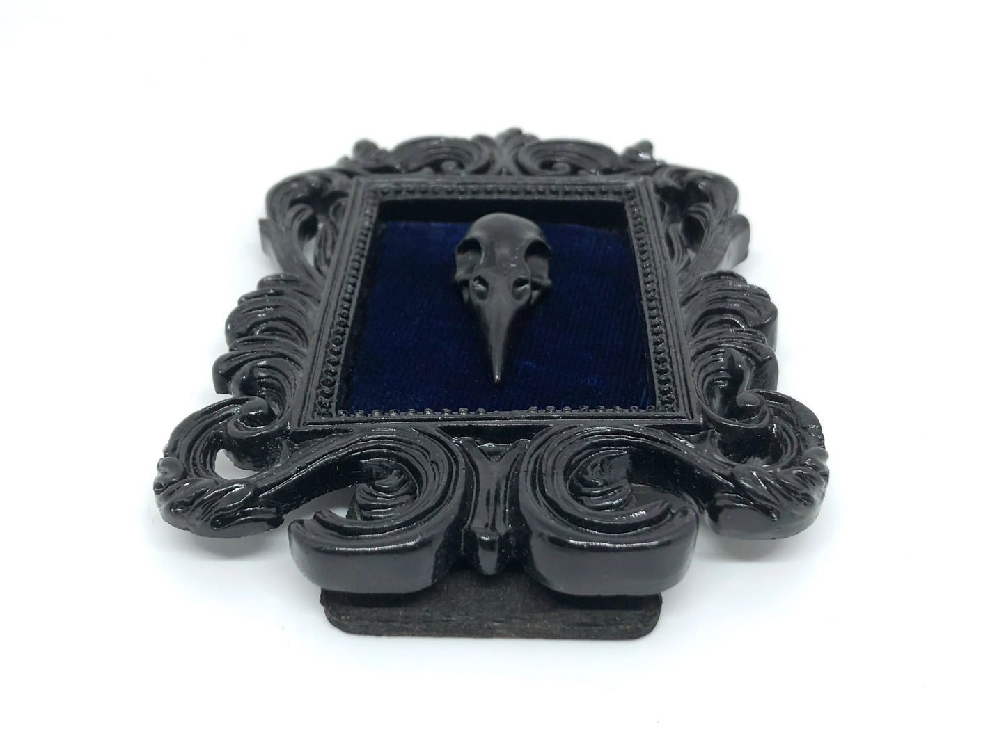 Small Black Resin Square Frame with Black Resin Bird Skull on Dark Blue Velvet Gothic Home Deco