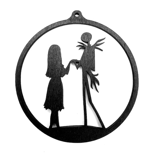 Jack & Sally Gothic Christmas / Holiday Tree Ornament - Black Stained Wood