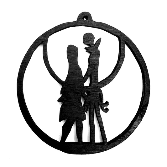 Nightmare Couple with Moon Gothic Christmas / Holiday Tree Ornament - Black Stained Wood