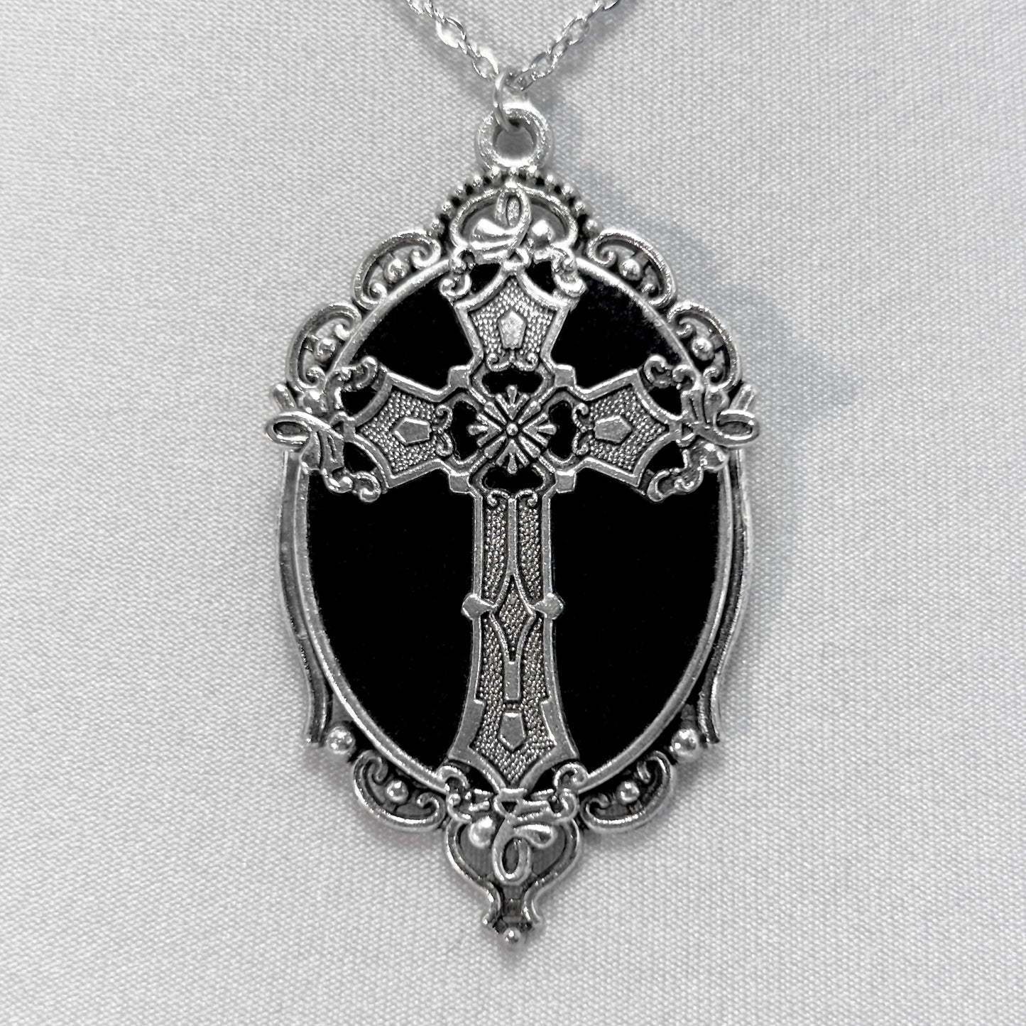 Silver Gothic Cross on Black Velvet Necklace