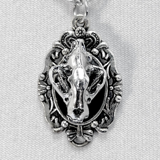 Tiny Metal Wolf Skull on Black Victorian Pendant