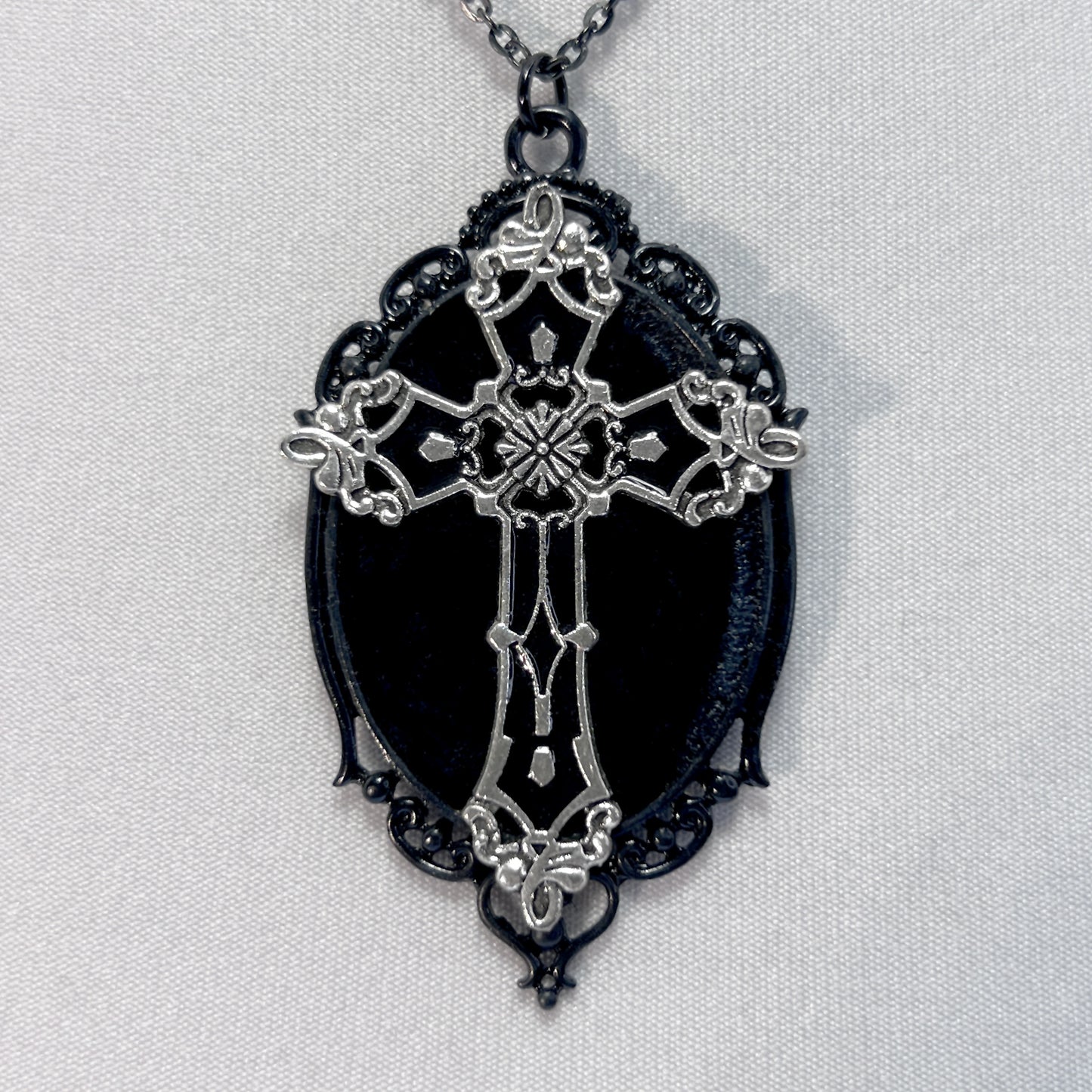Black and Silver Gothic Cross on Black Velvet Necklace