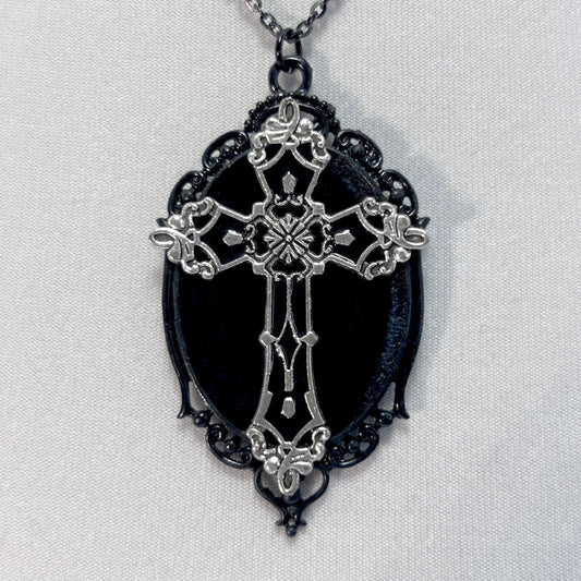 Black and Silver Gothic Cross on Black Velvet Necklace