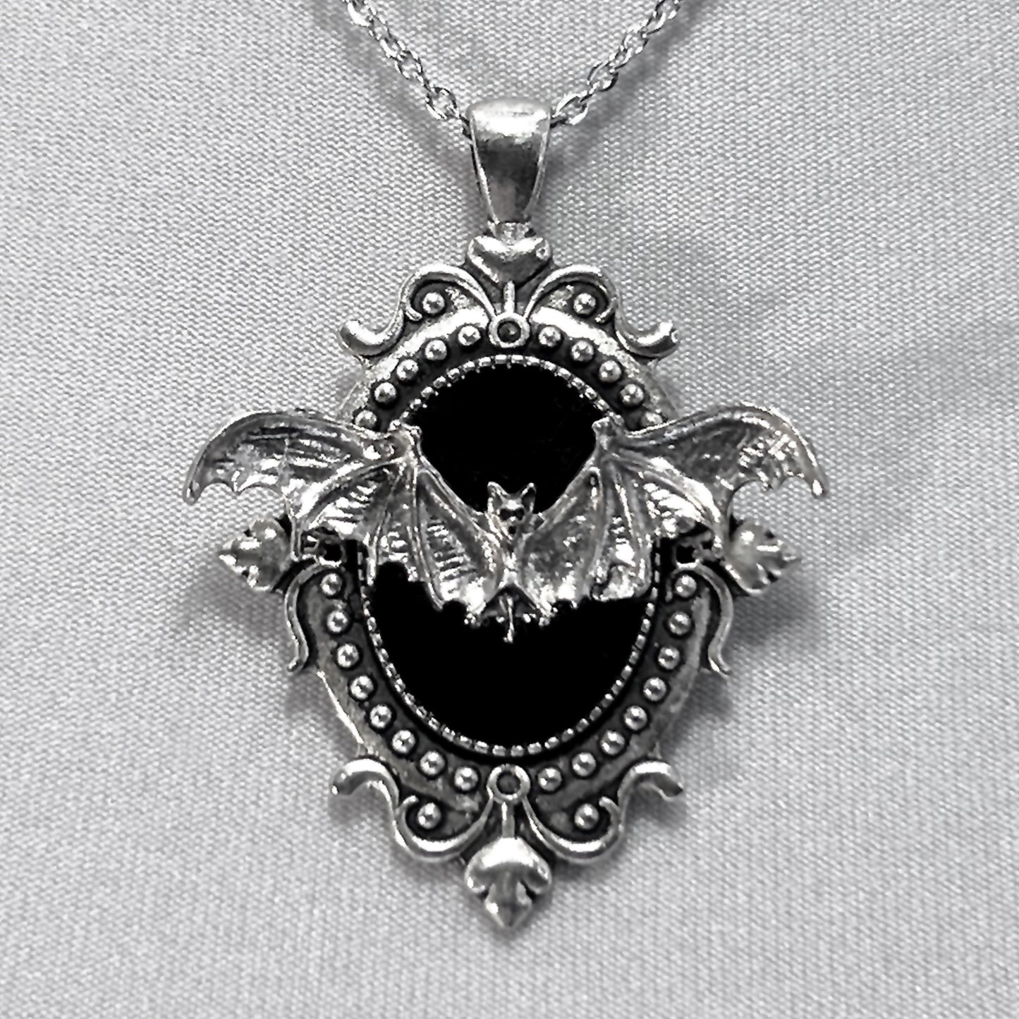 Silver Flying Bat on Black Victorian Pendant