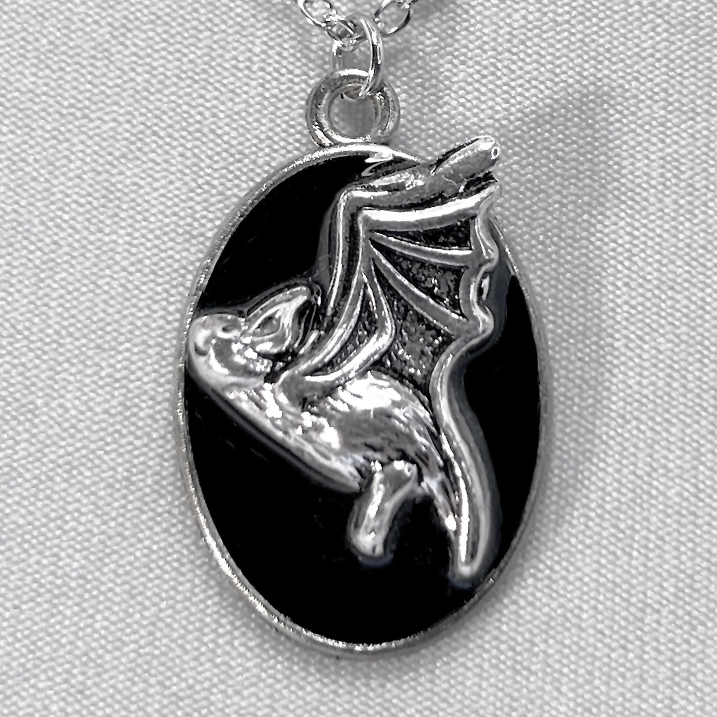 Silver Flying Bat on Black Necklace