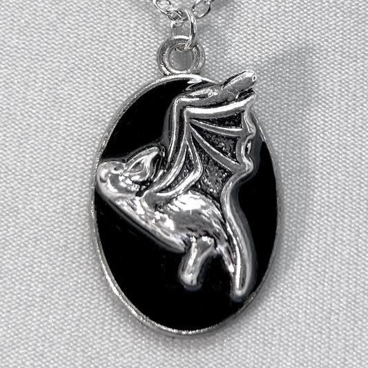Silver Flying Bat on Black Necklace