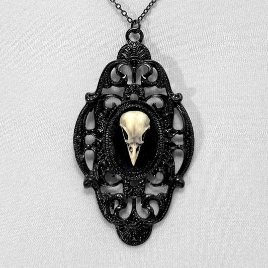 Resin Bird Skull on Large Black Victorian Pendant