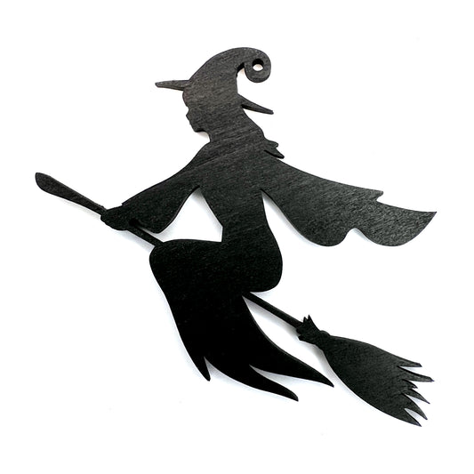 Witch on Broom Christmas / Holiday Tree Ornament - Black Stained Wood